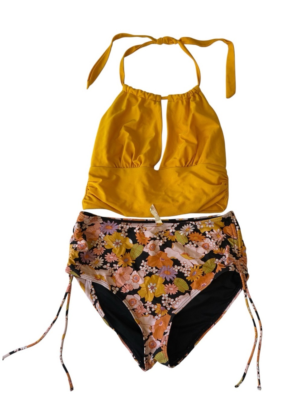 Mustard Halter Tankini Top with Floral High-Waist Bottoms Size large